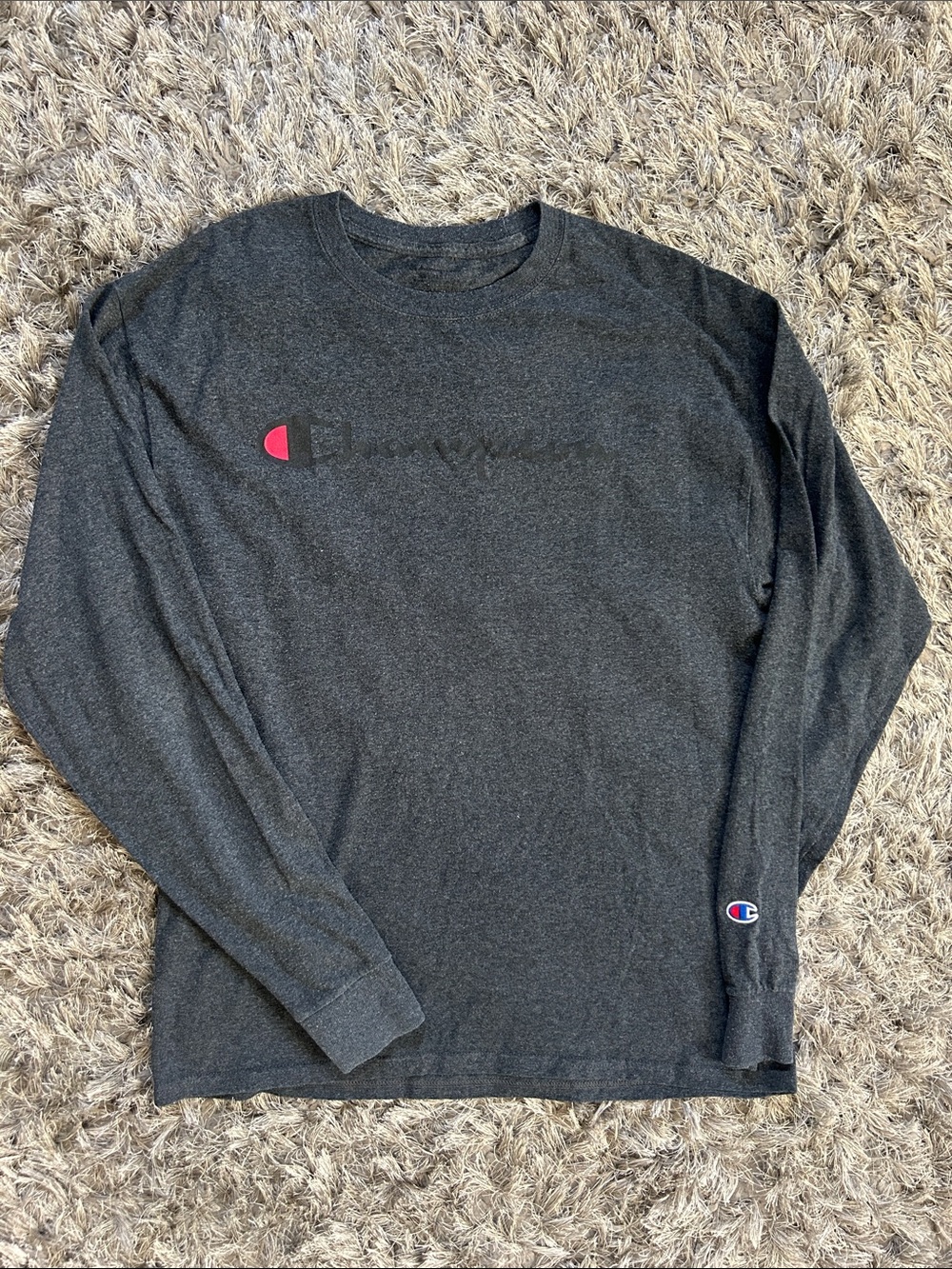 Champion Men’s Long-Sleeve Crewneck Tee - Dark Charcoal with Red Accent - Size L
